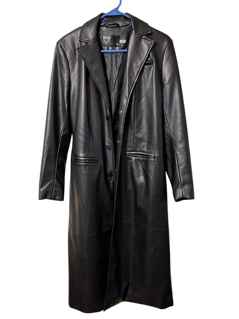 Bailey 44 Black Faux Leather Chic Button Front Jacket Long Trench Coat Size M